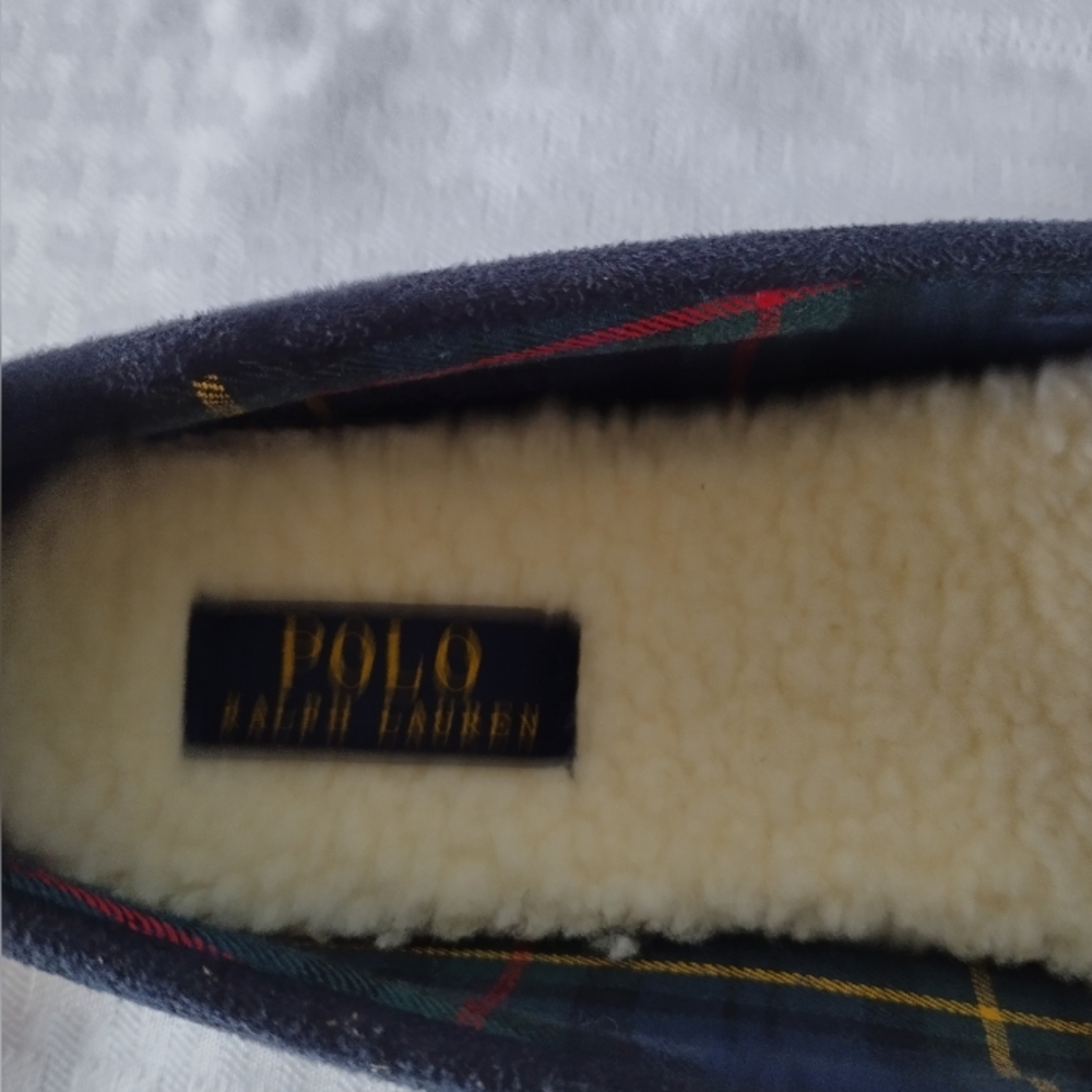 RALPH LAUREN Polo Bear Memory Foam Sherpa Slippers Moccasins Womens size 10 Navy - Picture 5 of 9